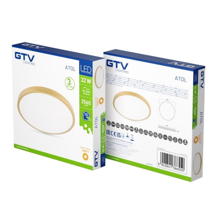 Plafoniera ATOL LED 32W b.ciepła 3000K 2560lm 120° IP54 Ø400mm złota GTV opakowanie.jpg