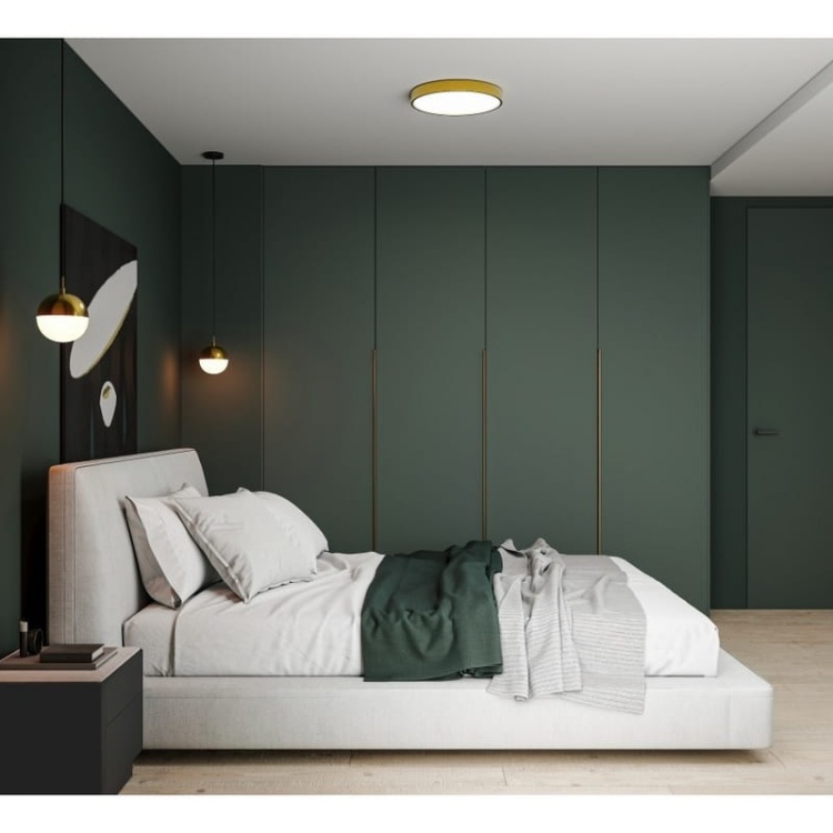 Plafoniera ATOL LED 32W b.ciepła 3000K 2560lm 120° IP54 Ø400mm złota GTV aranżacja sypialni.jpg