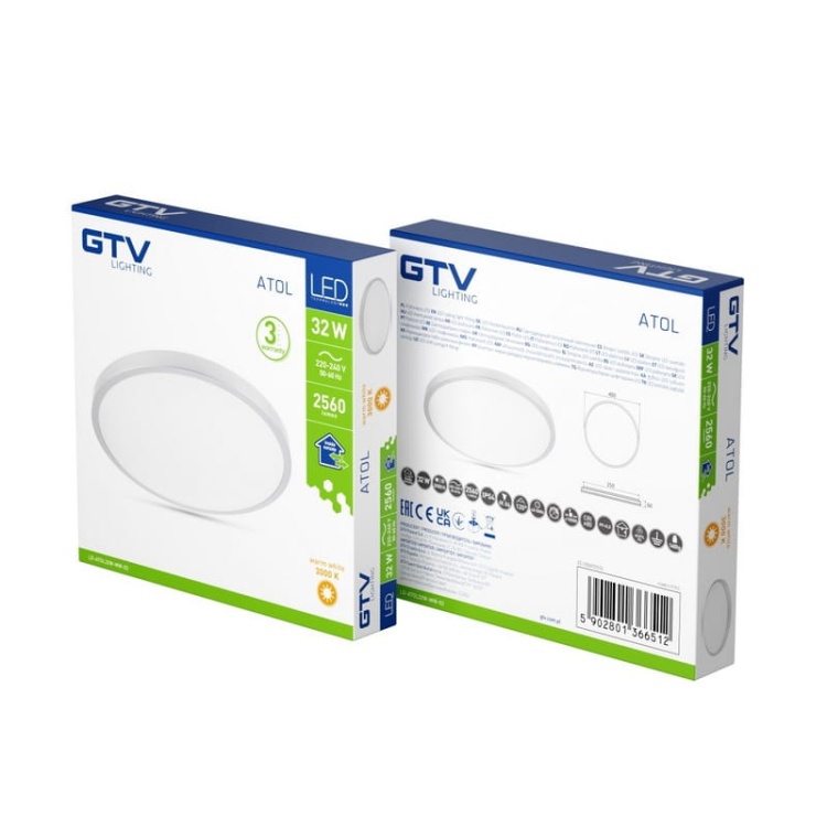 Plafoniera ATOL LED 32W b.ciepła 3000K 2560lm Ø400mm 120° IP54 srebrna GTV opakowanie.jpg