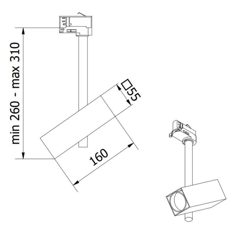 Reflektor LED GROSSO na szynę 3-fazową GU10 20W IP20 kwadratowy GTV wymiary.jpg