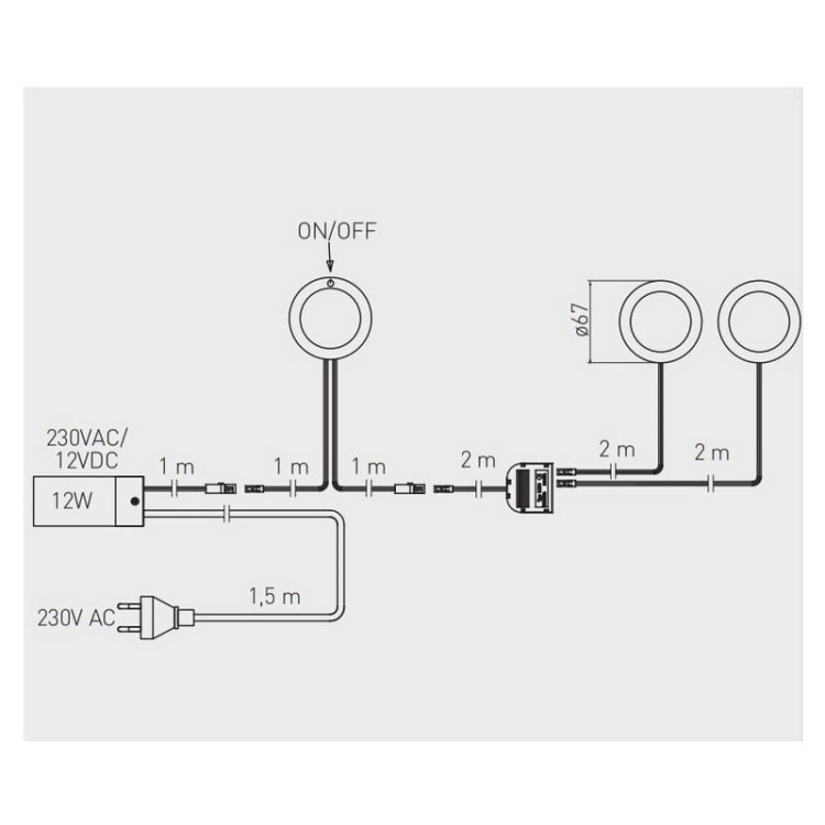 Zestaw 3 opraw LED Castello 2,8W 180lm 3000K + włącznik i zasilacz 15W 12VDC GTV wymiary.jpg