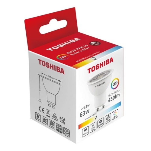 Żarówka LED GU10 5,5W 450lm b. neutralna 4000K kąt 38° TOSHIBA opakowanie.jpg
