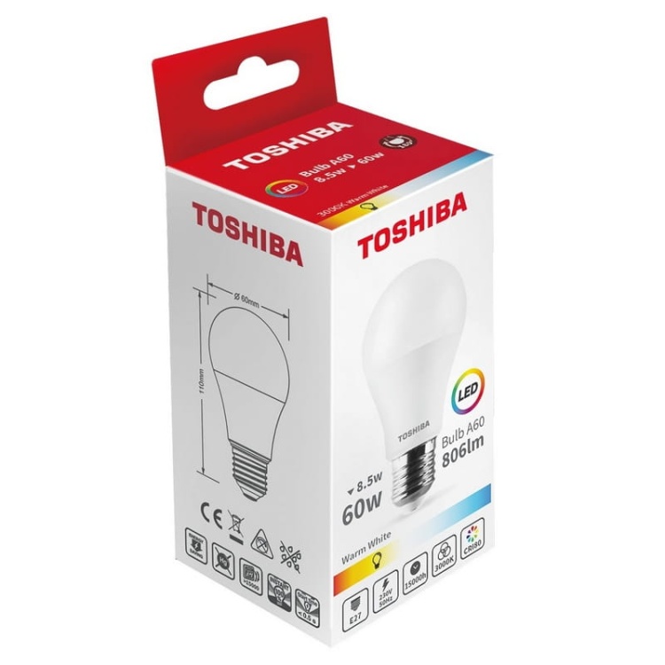 Żarówka LED E27 A60 8,5W 806lm b. ciepła 3000K kąt 180° TOSHIBA opakowanie.jpg