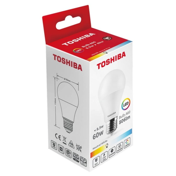 Żarówka LED E27 A60 8,5W 806lm b. neutralna 4000K kąt 180° TOSHIBA opakowanie.jpg