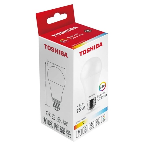 Żarówka LED E27 A60 11W 1055lm b. ciepła 3000K kąt 180° TOSHIBA opakowanie.jpg