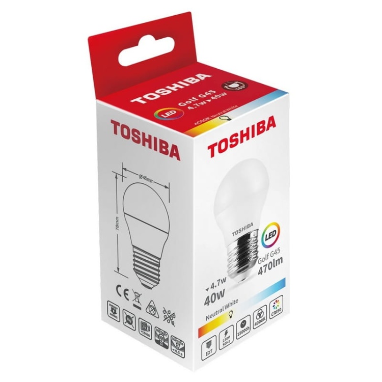 Żarówka LED E27 G45 4,7W 470lm b. neutralna 4000K kąt 180° TOSHIBA opakowanie.jpg