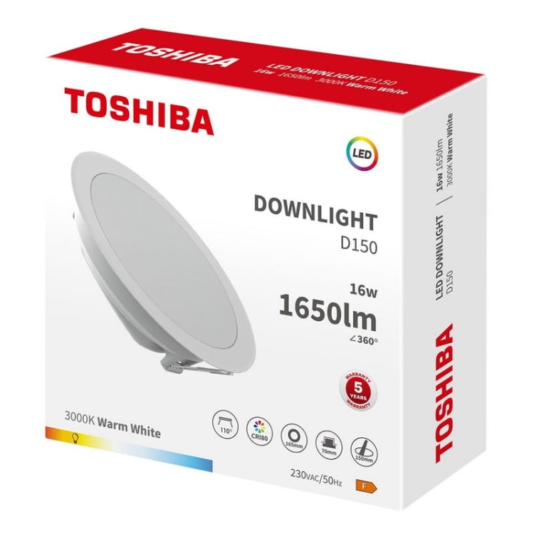 Oprawa downlight LED 16W 1650lm b. ciepła 3000K 110° IP20 okrągła biała TOSHIBA opakowanie.jpg