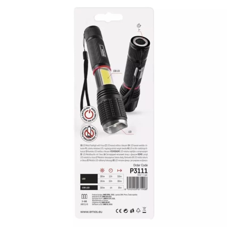 Latarka P3111 LED 5W + 3W COB 230 lm 3x AAA z zoomem EMOS opakowanie tył