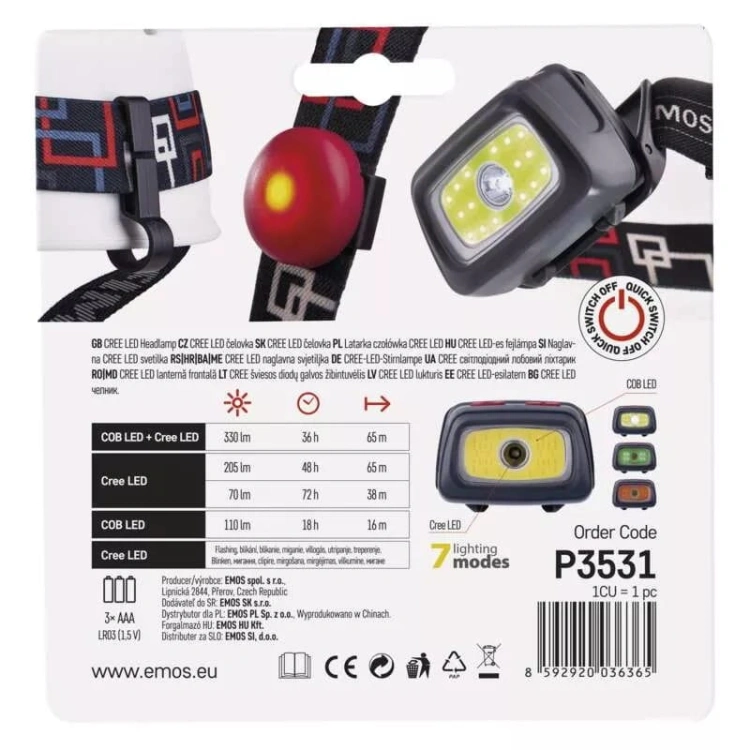 Latarka czołowa P3531 LED COB + CREE 330lm 65m 3x AAA EMOS opakowanie tył