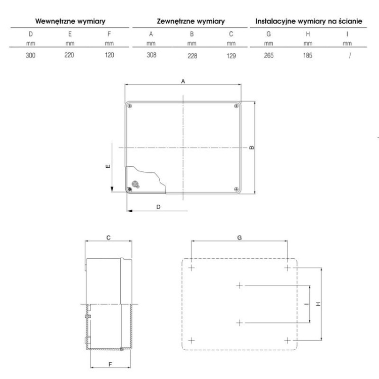 Puszka instalacyjna SCABOX bez dławnic 300x220x120 szara IP56 SCAME wymiary.jpg