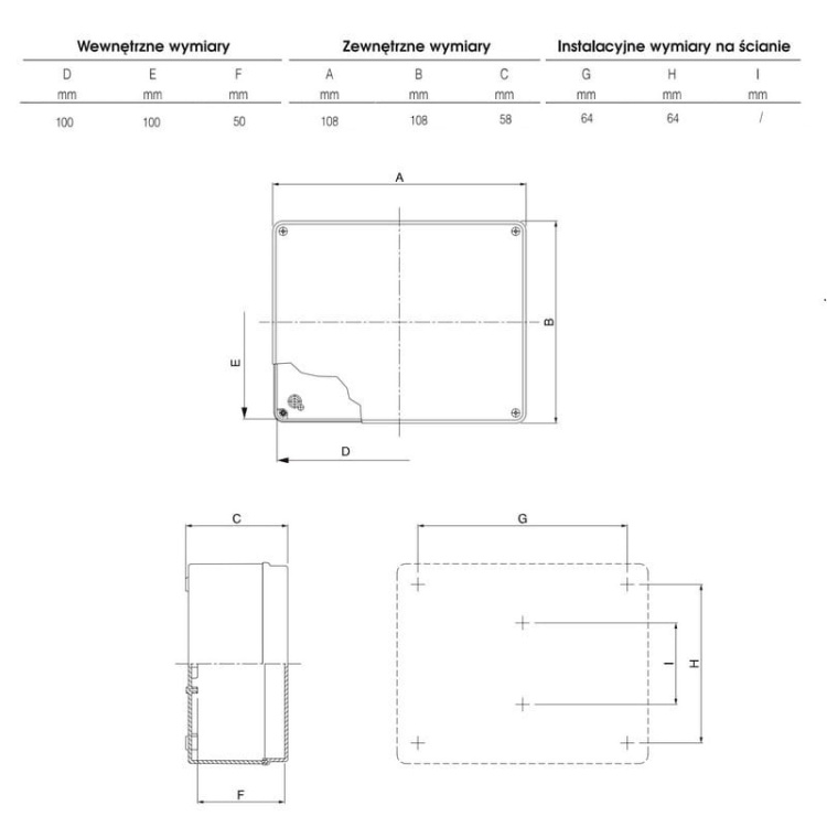 Puszka instalacyjna SCABOX bez dławnic 100x100x50 szara IP56 SCAME wymiary.jpg