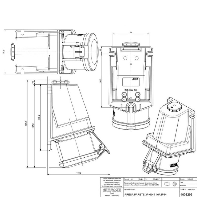 Gniazdo natynkowe OPTIMA 3P+N+E 16A IP44 SCAME wymiary.jpg