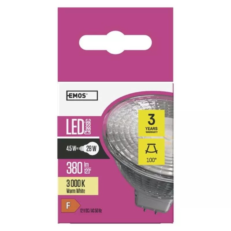 Żarówka LED Classic GU5,3 MR16 4,5W-28W b. ciepła 380lm 100st. EMOS ZQ8433 opakowanie przód.jpg