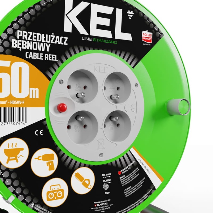 Przedłużacz bębnowy STANDARD LINE 4 gniazda 2p+Z H05VV-F 3×1mm² długość 50m czarny KEL zbliżenie.jpg