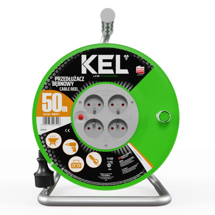Przedłużacz bębnowy STANDARD LINE 4 gniazda 2p+Z 3×1mm² długość 50m czarny KEL przód.jpg