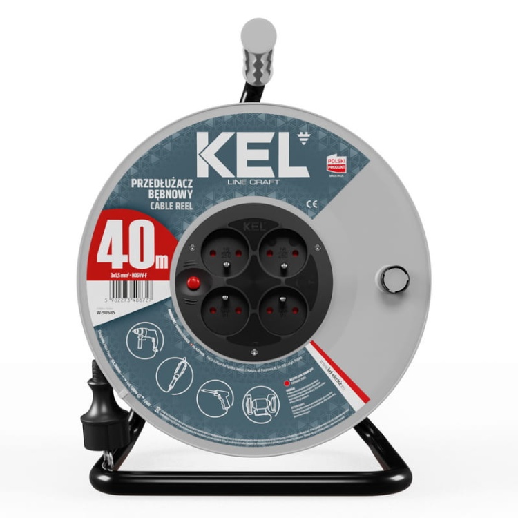 Przedłużacz bębnowy CRAFT LINE 4 gniazda 2p+Z H05VV-F 3×1,5mm² długość 40m czarny KEL przód.jpg