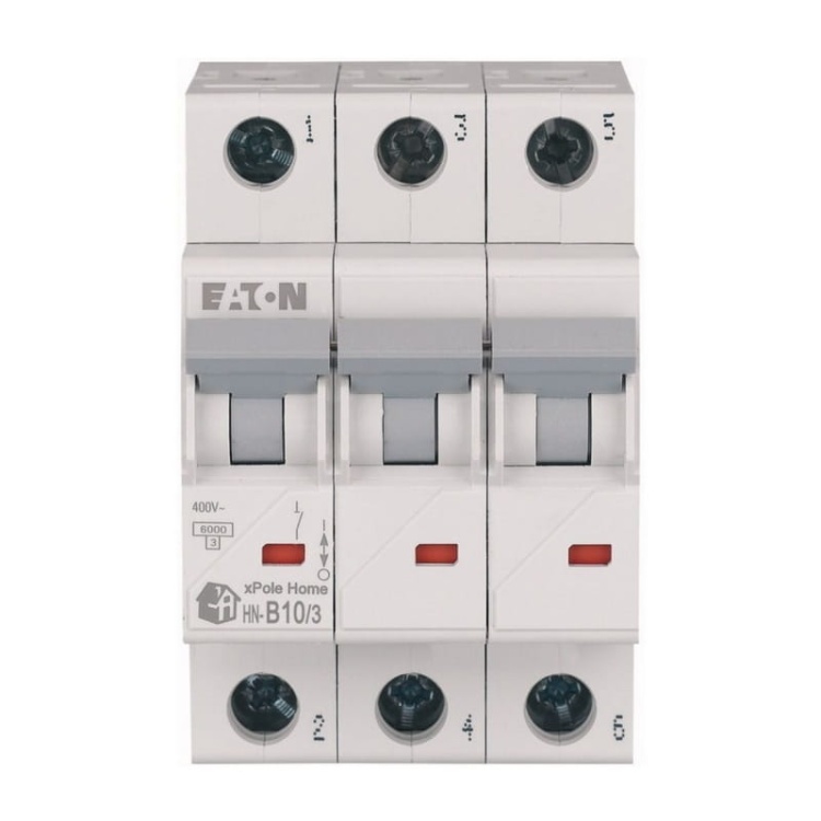 Wyłącznik z zabezpieczeniem nadmiarowo-prądowym 3P B10A EATON przód.jpg
