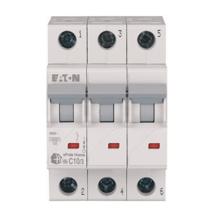 Wyłącznik z zabezpieczeniem nadmiarowo-prądowym 3P C10A EATON przód.jpg