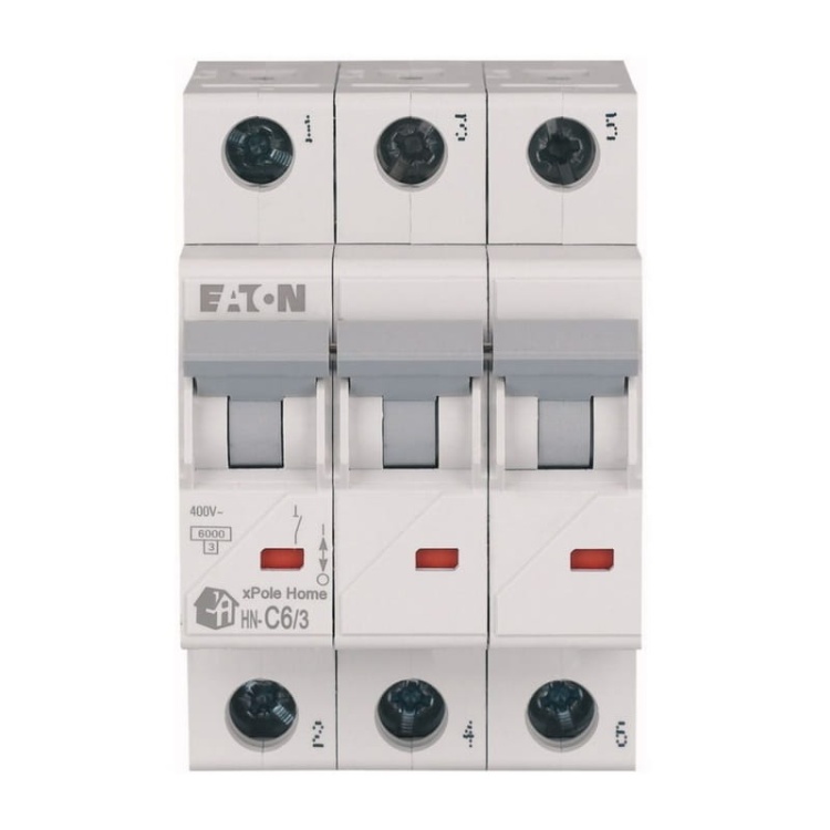 Wyłącznik z zabezpieczeniem nadmiarowo-prądowym 3P C6A EATON przód.jpg