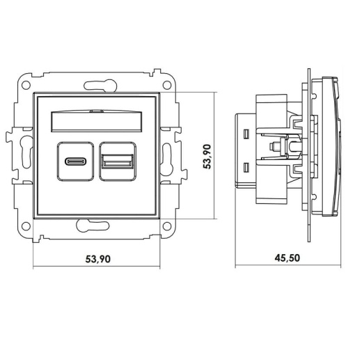 Mechanizm ładowarki USB A+C podwójnej 20W Mini Karlik wymiary