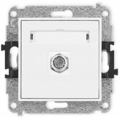 Mechanizm gniazda antenowego pojedynczego typu F (SAT) niklowany biały Mini Karlik