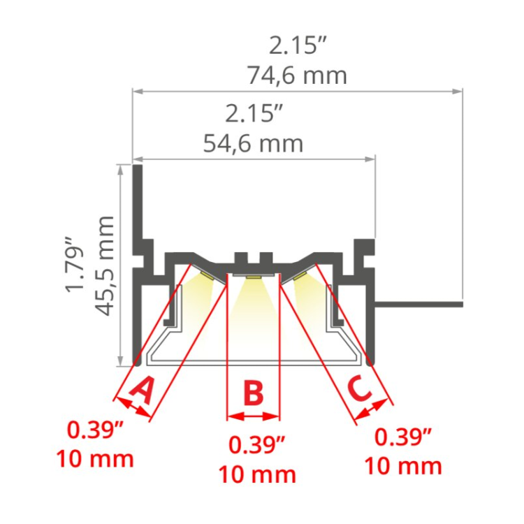 Profil FOLED-50-BOK na sufit napinany nieanodowany, bez przesłony KLUŚ wymiary