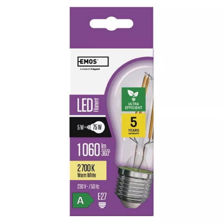 Żarówka E27 LED Filament A60 5W b. ciepła 2700K 1060lm ZF5157 EMOS opakowanie.jpg