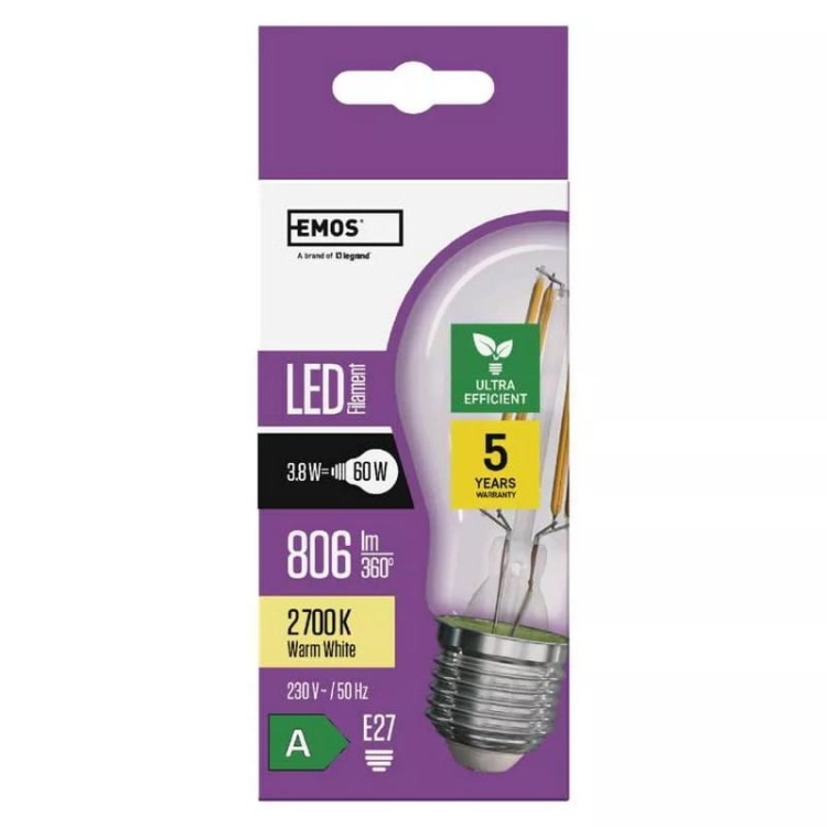 Żarówka E27 LED Filament A60 3,8W b. ciepła 806lm ZF5147 EMOS opakowanie.jpg
