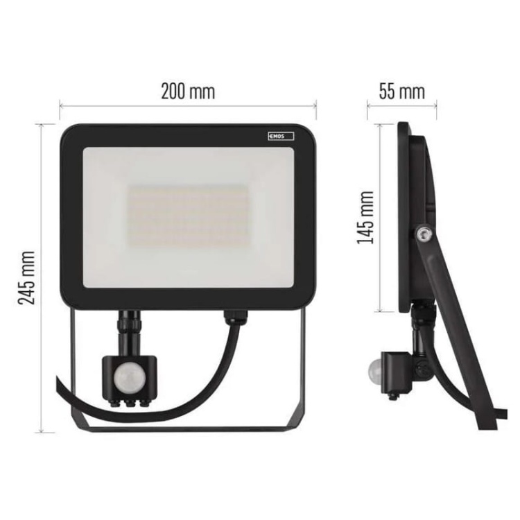 Naświetlacz LED INOVO z czujnikiem PIR 50W 5500lm 4000K IP65 EMOS ZS2742 wymiary
