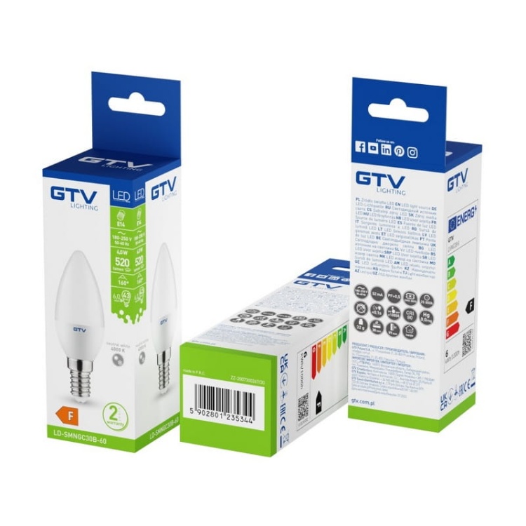 Żarówka LED E14 płomyk C30 6=43W 520lm 4000K b. neutralna 160° GTV opakowanie.jpg