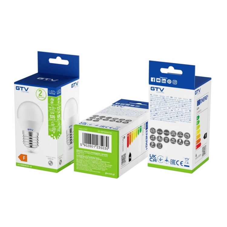 Żarówka LED E27 kulka B45C 6=43W 520lm 4000K b. neutralna 230V 160° GTV opakowanie.jpg