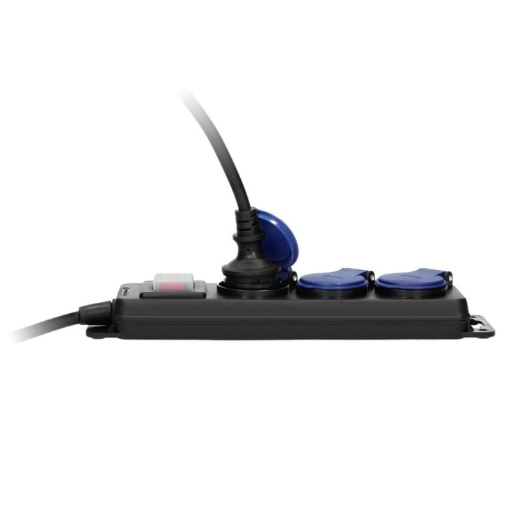 Przedłużacz warsztatowy bryzgoszczelny z wyłącznikiem IP44, 3 gniazda 2P+Z IP44, przewód gumowy, H05RR-F 3x1,5mm², długość 5m