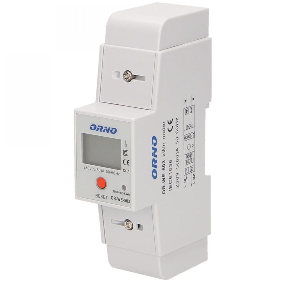 1-fazowy wskaźnik zużycia energii elektrycznej, 80A, dodatkowy wskaźnik, wyjście impulsowe, przycisk RESET, 2 moduły, DIN TH-35mm
