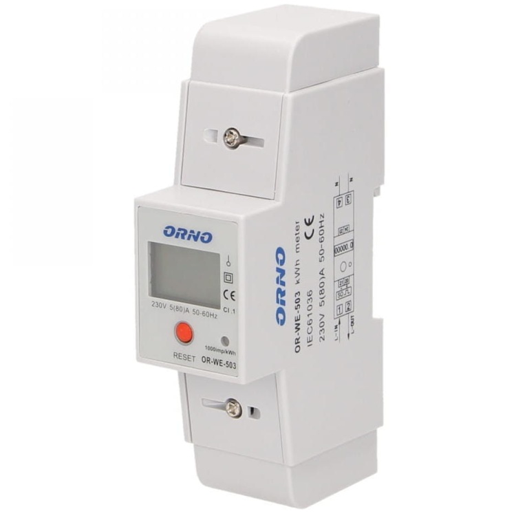 1-fazowy wskaźnik zużycia energii elektrycznej, 80A, dodatkowy wskaźnik, wyjście impulsowe, przycisk RESET, 2 moduły, DIN TH-35mm