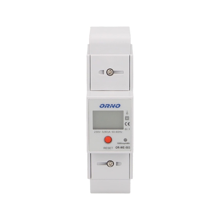 1-fazowy wskaźnik zużycia energii elektrycznej, 80A, dodatkowy wskaźnik, wyjście impulsowe, przycisk RESET, 2 moduły, DIN TH-35mm