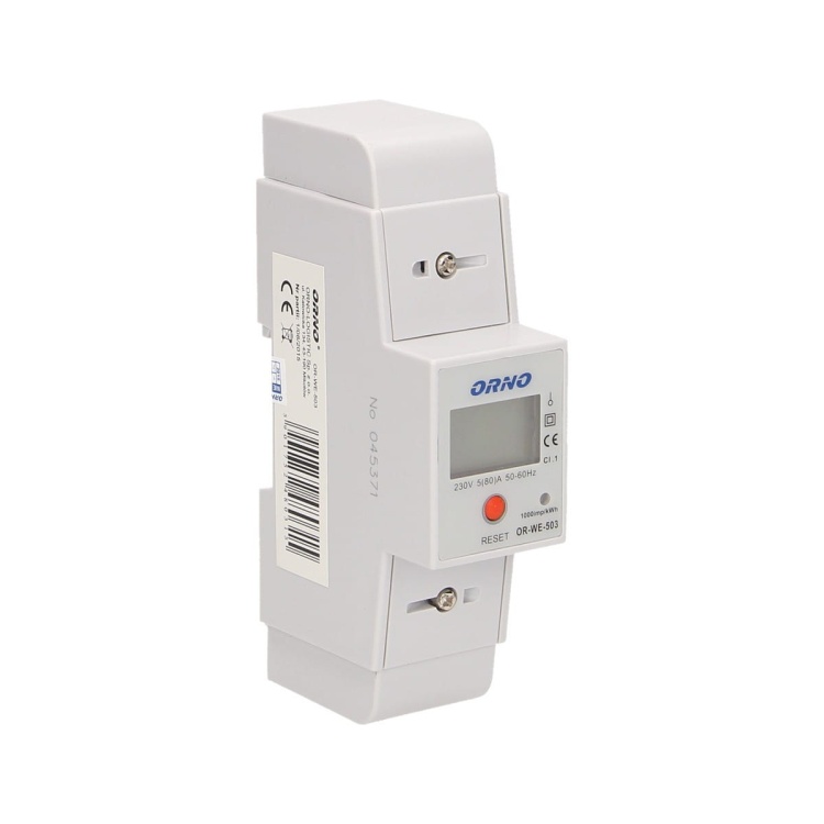 1-fazowy wskaźnik zużycia energii elektrycznej, 80A, dodatkowy wskaźnik, wyjście impulsowe, przycisk RESET, 2 moduły, DIN TH-35mm