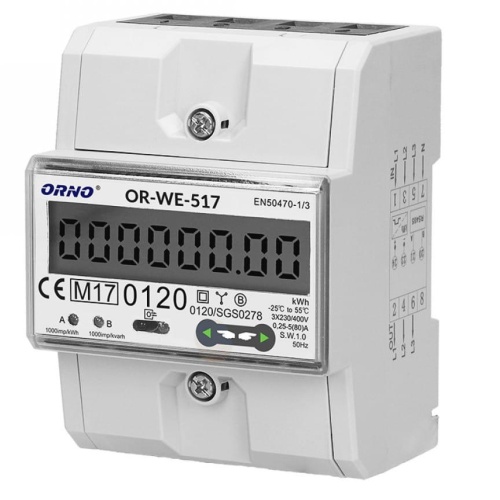 3-fazowy licznik energii elektrycznej, 80A, port RS-485, wielotaryfowy, 4,5 moduły, DIN TH-35mm