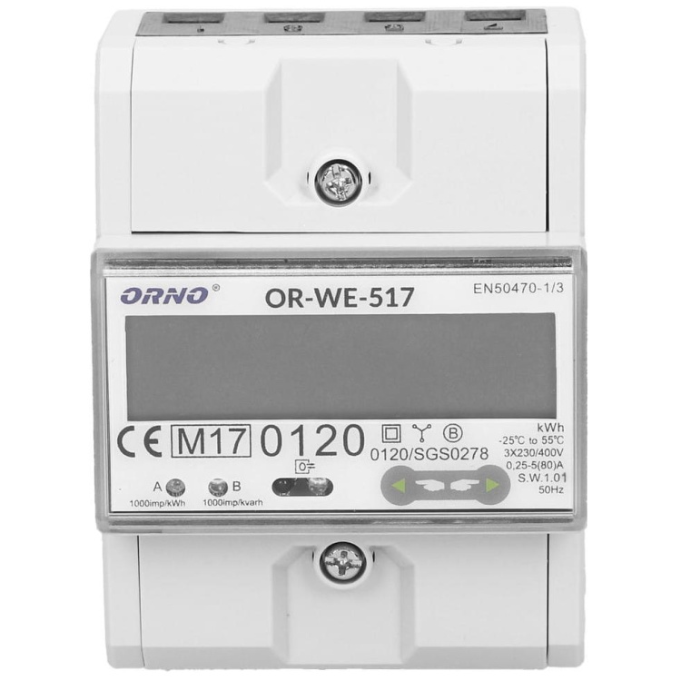 3-fazowy licznik energii elektrycznej, 80A, port RS-485, wielotaryfowy, 4,5 moduły, DIN TH-35mm