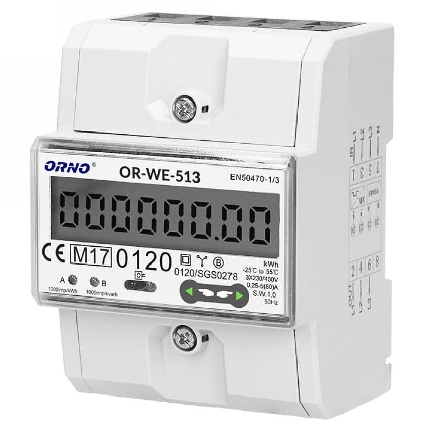 3-fazowy licznik energii elektrycznej, 80A, MID, 4,5 moduły, DIN TH-35mm