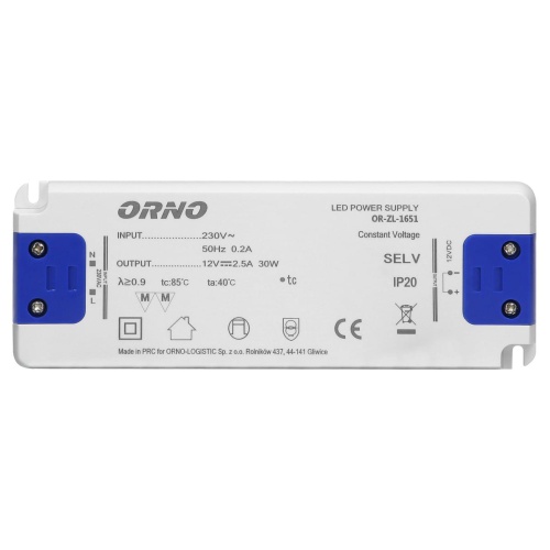 Zasilacz płaski do LED  12VDC 30W, IP20, wysokość 18mm