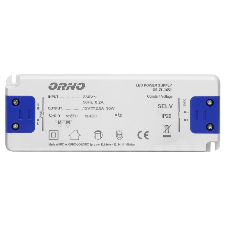 Zasilacz płaski do LED  12VDC 30W, IP20, wysokość 18mm