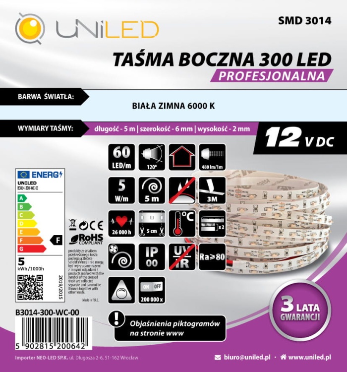 Taśma LED boczna B3014-300-WC  UNILED