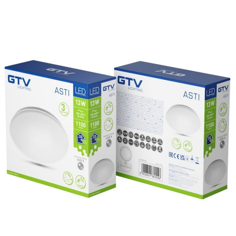 Plafoniera LED z czujnikiem ruchu ASTI 13W 1100lm 4000K ściemnialna IP44 GTV opakowanie.jpg