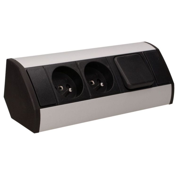 Gniazdo meblowe 2x2P+Z z wyłącznikiem, czarno-srebrne ORGM9002BG  5902560329803