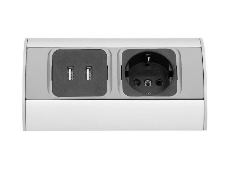 Gniazdo meblowe ładowarka USB przewód 0,5m 1x2P+Z 2xUSB schuko srebrne bok