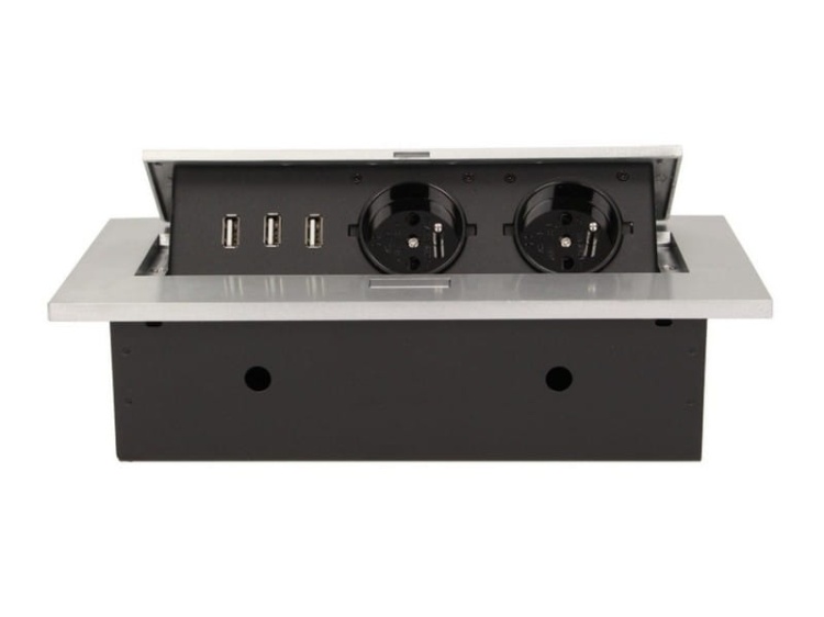 Gniazdo meblowe wpuszczane w blat z grubym rantem 2x2P+Z 3xUSB srebrne