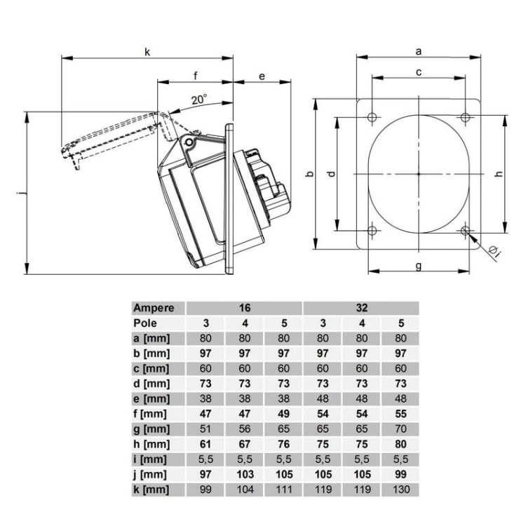 Gniazdo tablicowe skośne 3P+N+E 32A IP44 5P 425-6 PCE wymiary.jpg