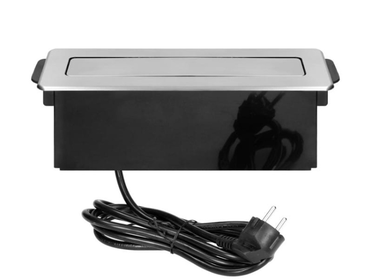 Gniazdo wysuwane z blatu z frezowanym rantem ładowarką USB przewód 2m 3x2P+Z 2xUSB srebrne przód otwarte