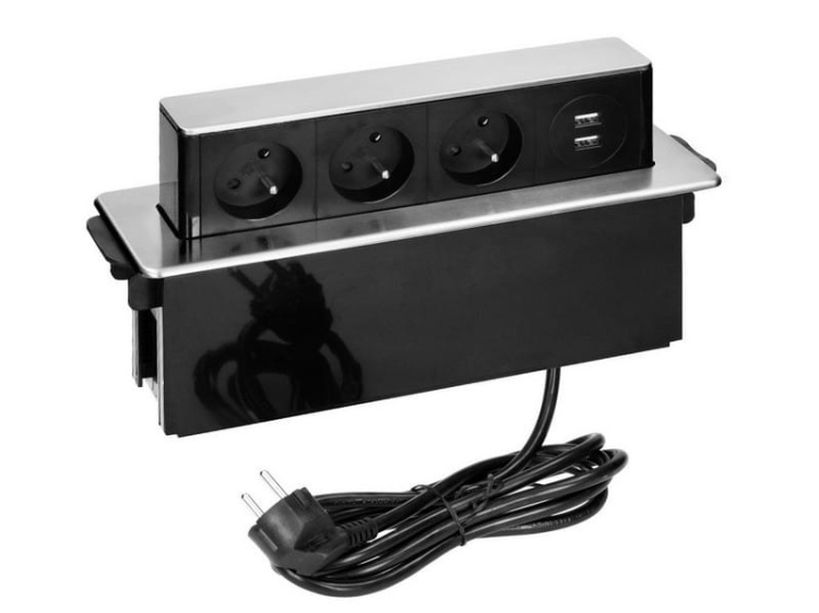 Gniazdo wysuwane z blatu z frezowanym rantem ładowarką USB przewód 2m 3x2P+Z 2xUSB srebrne przód otwarte