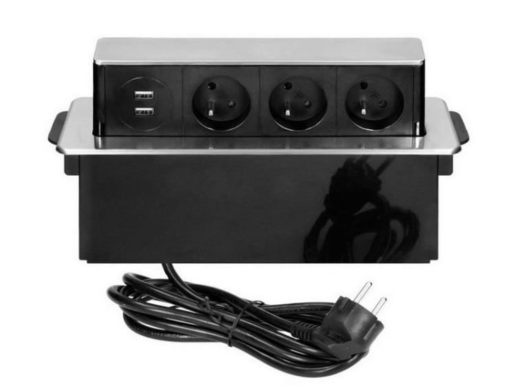 Gniazdo wysuwane z blatu z frezowanym rantem ładowarką USB przewód 2m 3x2P+Z 2xUSB srebrne przód otwarte